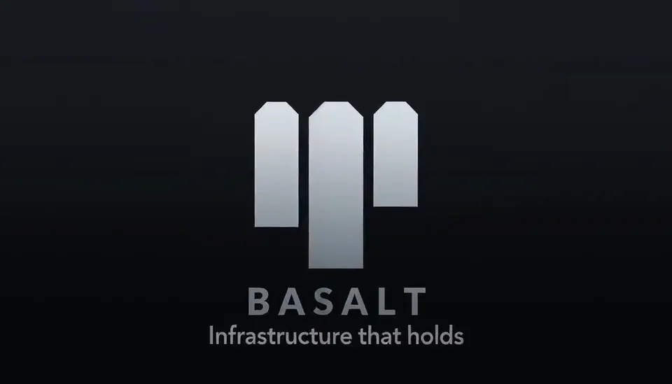 A frame of the Liquid metal logo animation, animating the invented Basalt mark