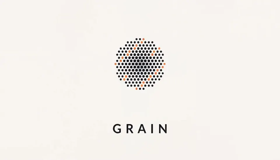 A frame of the Particle logo animation, animating the invented Grain mark